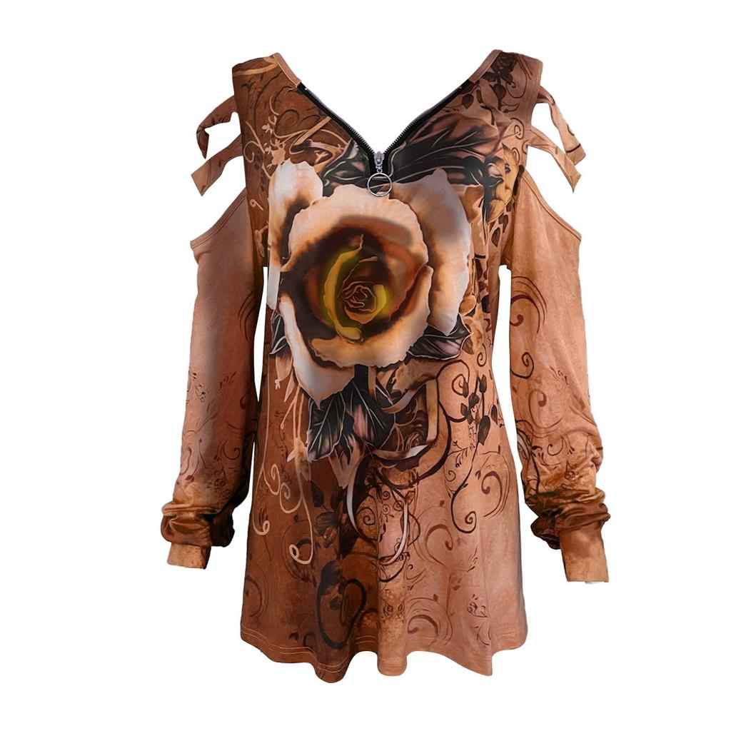 Fashion Womens Loose Collar Zipper V-neck Rose Print Long-Sleeved Casual T-shirt