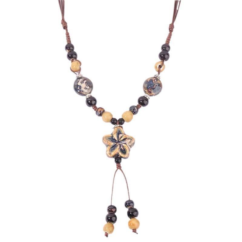 Long fringed ceramic flower necklace, retro high-end ethnic style beaded sweater chain