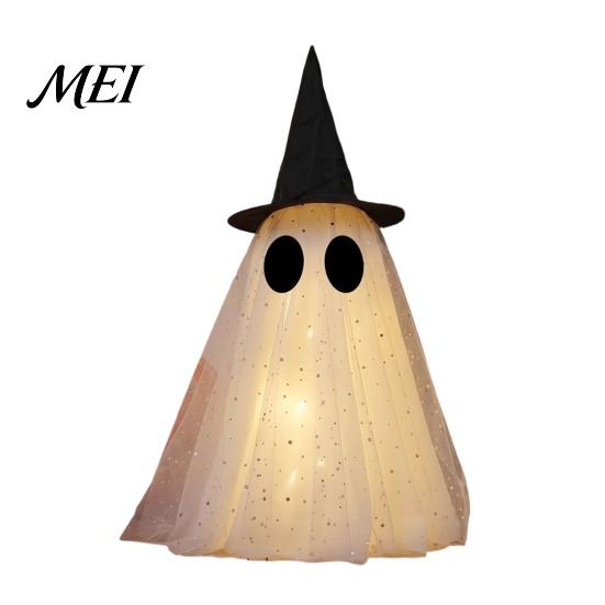 Stable Three Dimensional Ghost Halloween Decor, Spooky Sequin Mesh Fabric with Witch Hat/Bow, Whimsical for Home Decor Small Standing Tabletop