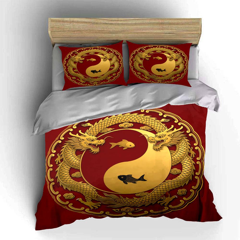 Golden Dragon Yin Yang Set Soft Comfortable Duvet Cover Bedding Set Included 1*Duvet Cover & 2*Pillowcases, Gift
