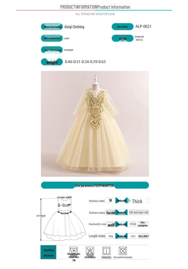 Girls' Sequin Mesh Princess Dress - Long Sleeve Formal Birthday Party Wear for Medium & Large Kids