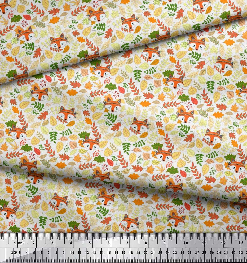 Soimoi Japan Crepe Satin Fabric Leaves & Fox Face Cartoon Printed Craft Fabric by the Metre 42 Inch