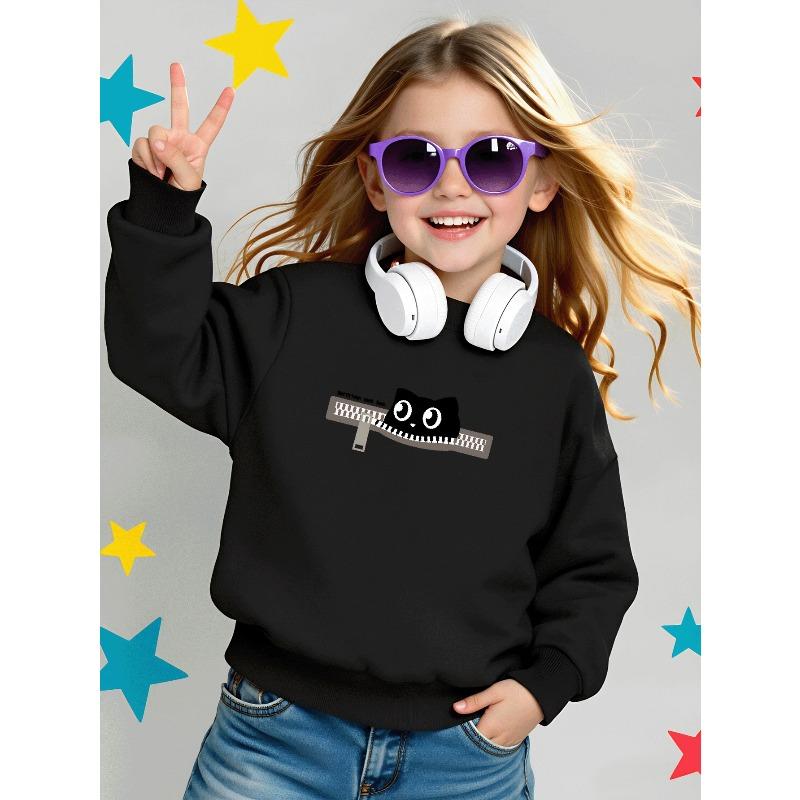 European sizes Girls' Round Neck Sweatshirt With Black Cat Print, Casual And Sporty, Versatile For Autumn And Winter.