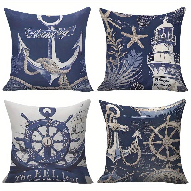 4Pcs Ocean-Themed Nautical Element Pillow Covers / Cushion Covers, Includes Anchor And Lighthouse Designs, Three Sizes Available