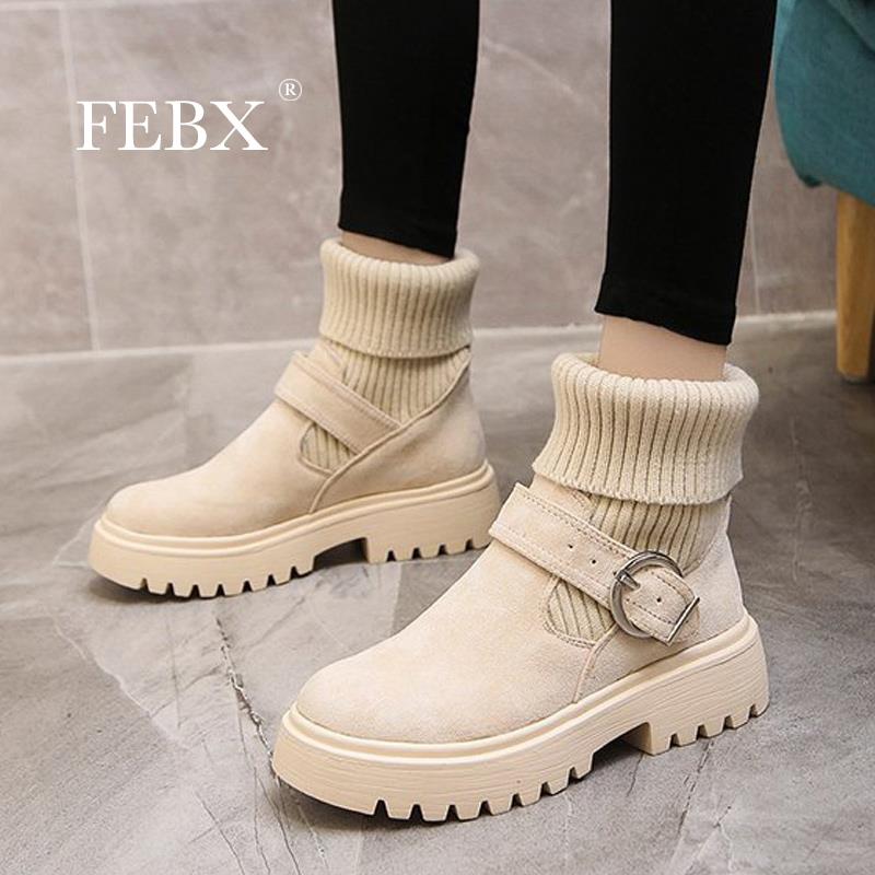 Women Ankle Boots Flock Patchwork Short Plush Slip-On Platform Belt Buckle Female Boot Comfortable Leisure Lady Winter Footwear