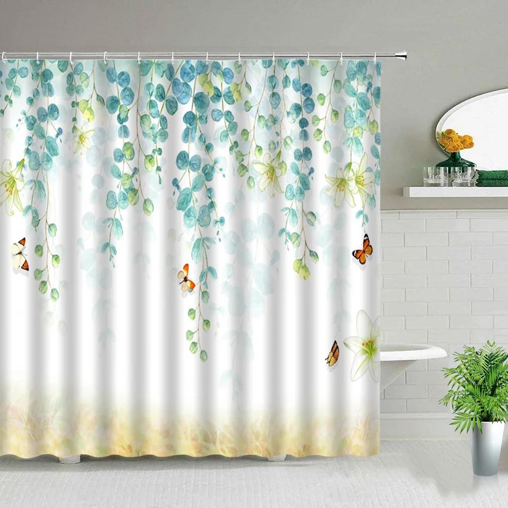 Flowers Plant Shower Curtains Beautiful Flower Purple Bathroom Decor Bathroom Screen Polyester Frabic Waterproof Cloth Curtains