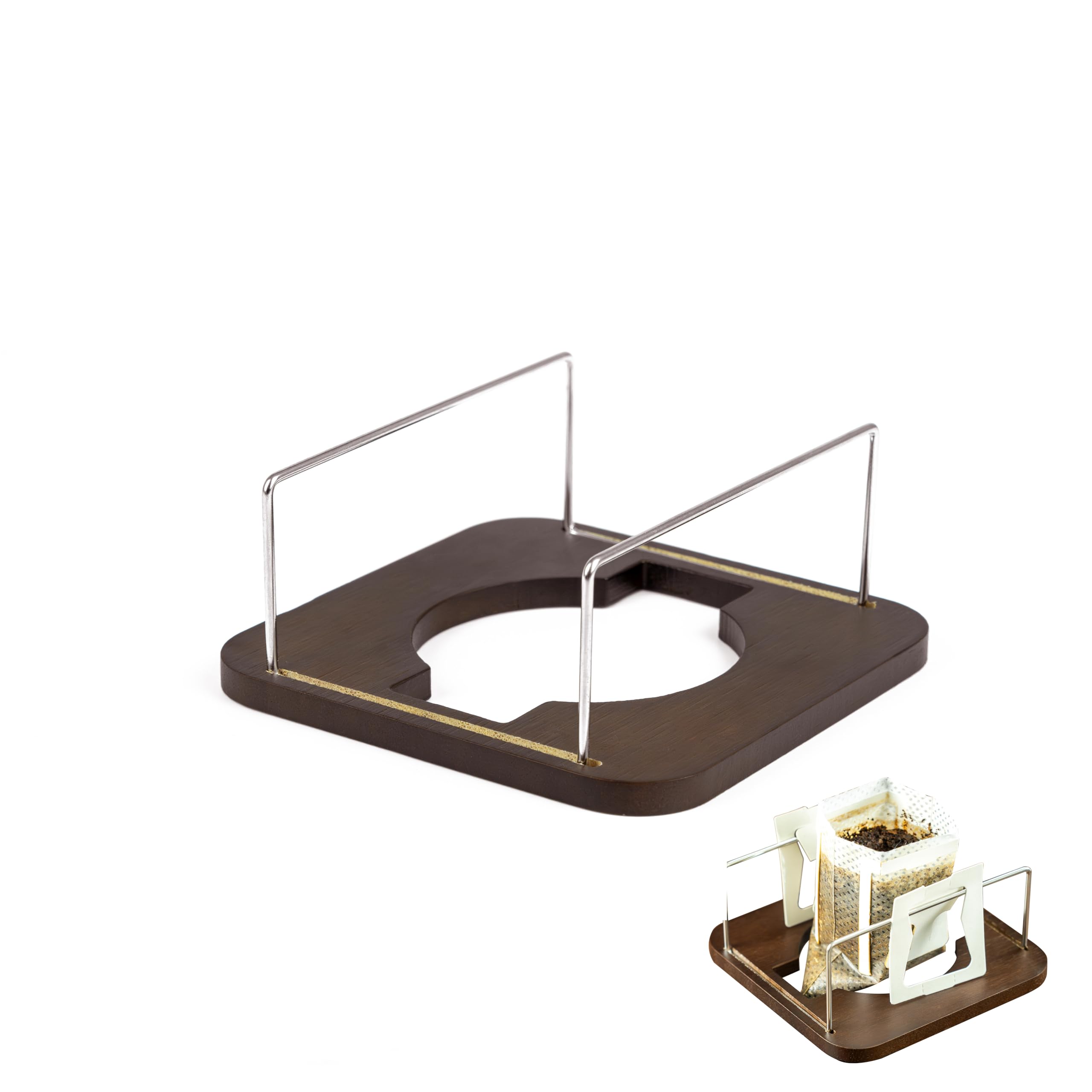 

NEOUZA Bamboo Stainless Steel Coffee Drip Bag Holder Compact for Travel and Home Brewing & Stand, 2-in-1 & Pour-Over Dripper, (Multifunctional, Brown)