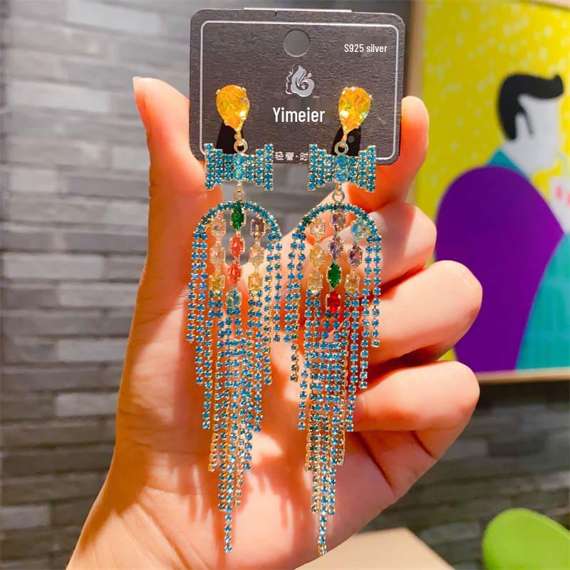 S925 Silver Needle Rhinestone Tassel Earrings - Exquisite Long Claw Chain with Colored Diamonds, European & American Style