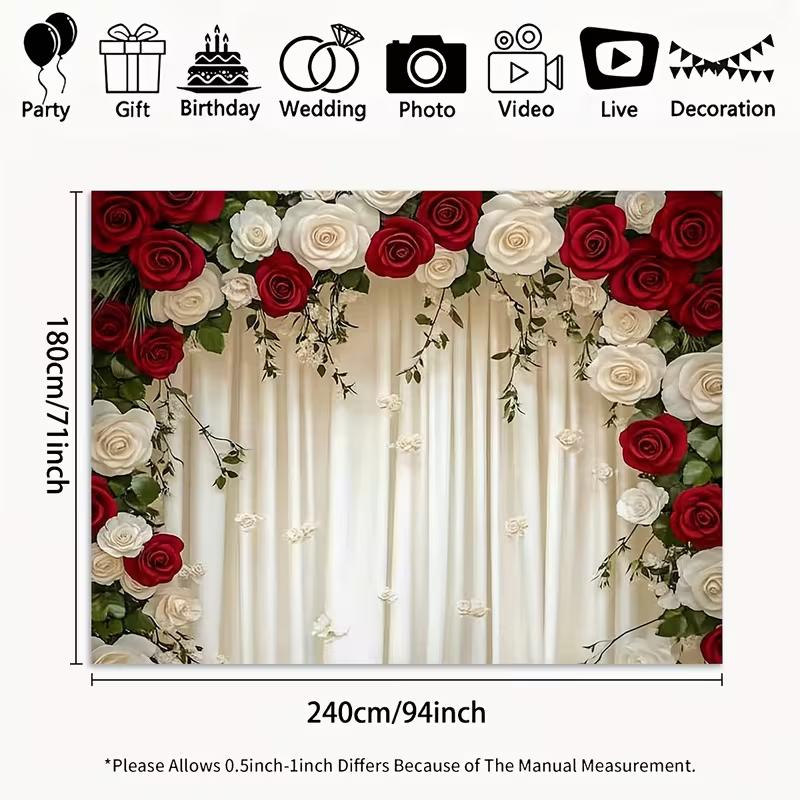 2D Red & White Rose Backdrop Cream Curtain Wedding Ceremony Background 47.2x31.5inch/120*80cm
