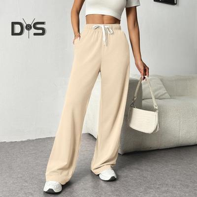 Women Pants Elastic High Waist Adjustable Drawstring Straight Wide Leg Trousers with Pockets Solid Color Casual Pants