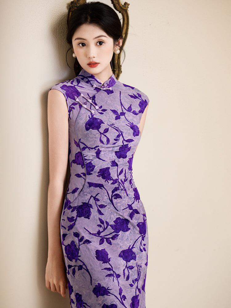 Exquisite 2025 Summer Rose Print Purple Qipao - New Chinese Style Dress for Young Girls