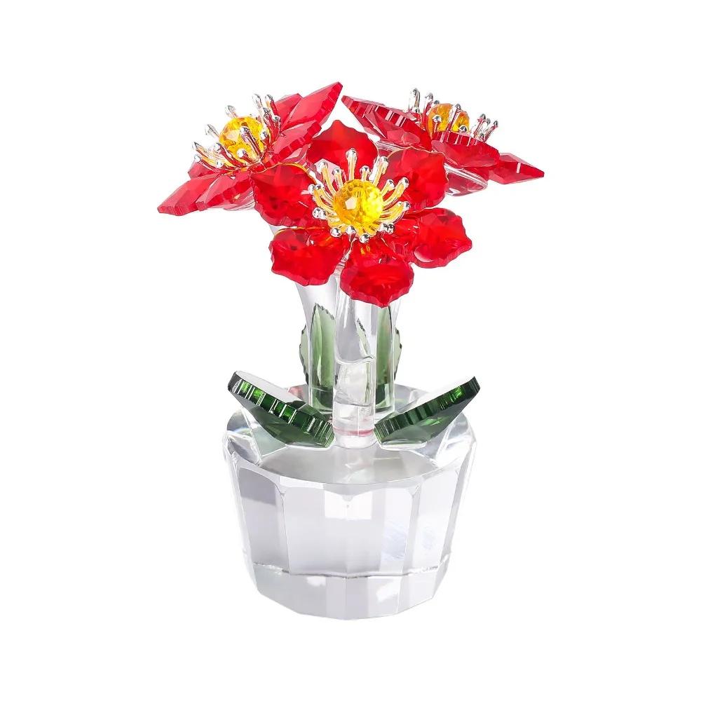 Handcraft Crystal Flower Statue Ornament Clear Base Artificial Flower Figurine Rose Tulip High Transparence