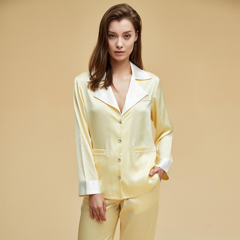 Autumn New Pajama Set Solid Color Satin Loose Loose Home Clothes Sexy Lapel Long-sleeved Cardigan Trousers Pajama Set