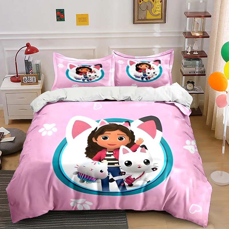 G-Gabby Cartoon Dollhouse Bedding Set Printed Bed Set Duvet Cover Sheet Pillowcase Bed Soft Quilt Cover Full Queen King Size