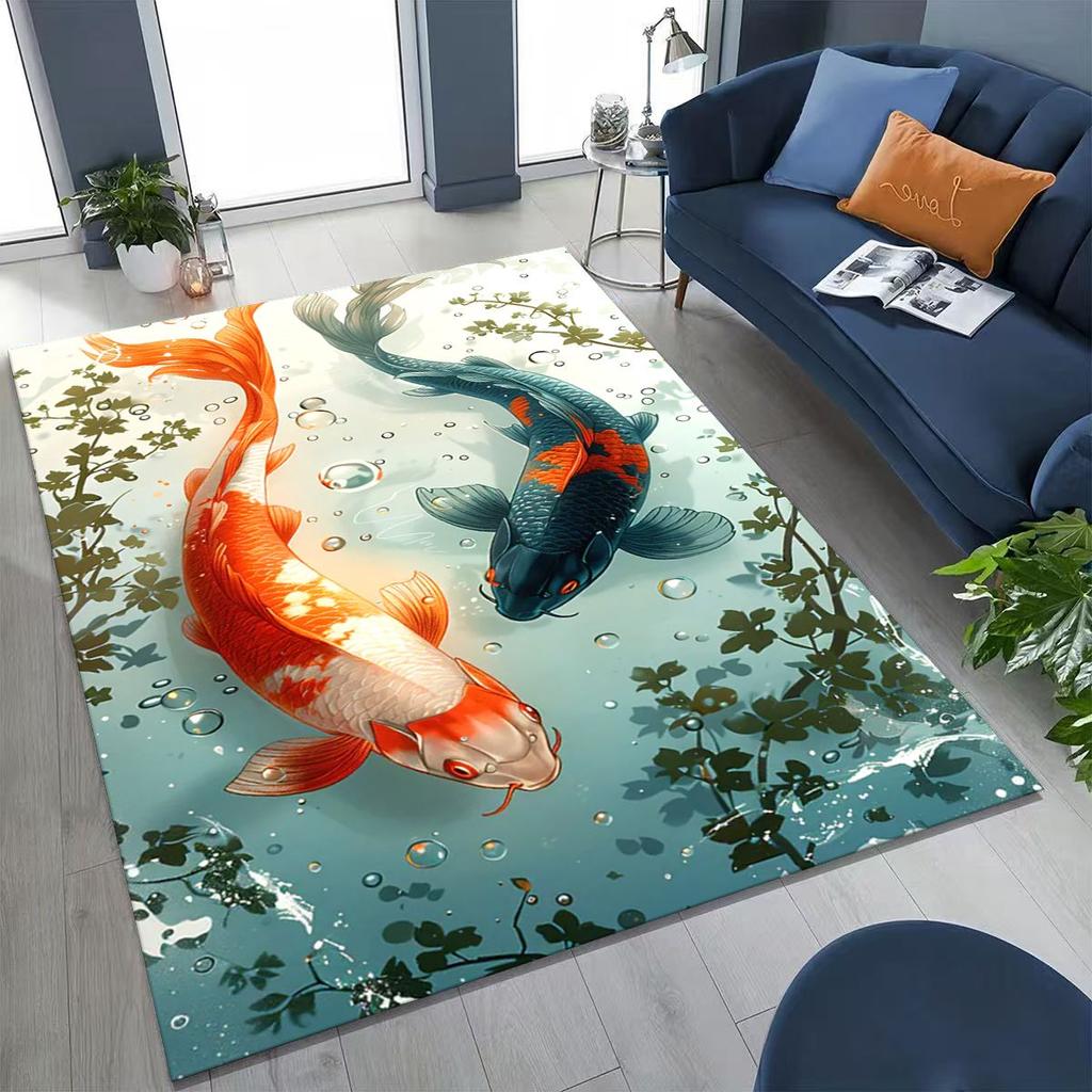 Luxurious Lucky Koi Fish Yin Yang Carp Cartoon Rug for Bedroom Living Room Sofa Home Doormat Decor,Large Kids Non-slip Floor Mat