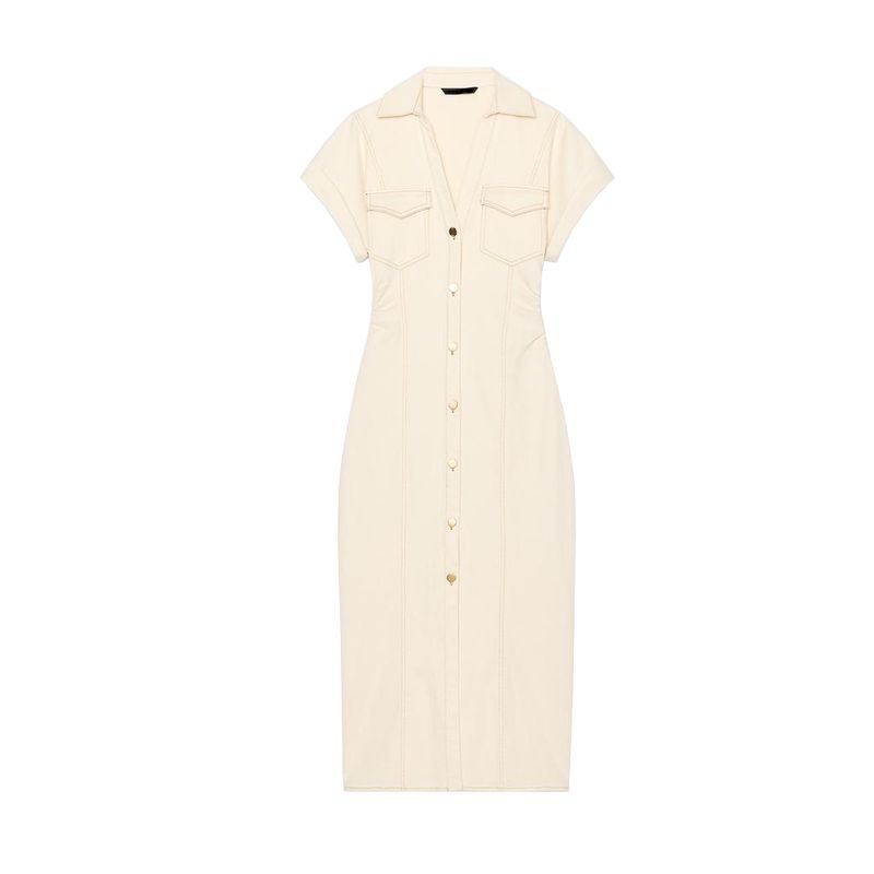 

Summer New Women clothes Lapel Waist Pleated Short sleeve Temperament Midi Dress 3220622 2284576 raw white L