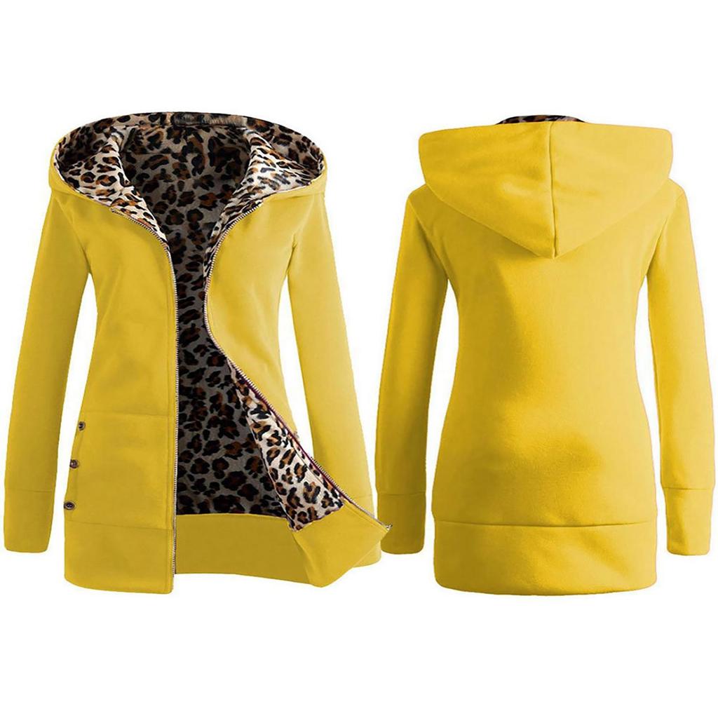 Women Plus Velvet Thicker Hooded Sweatshirt Leopard Zipper Coat Overcoat Outwear