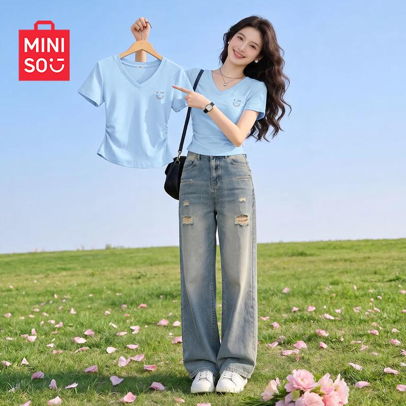 MINISO Women s V-Neck Slim-Fit Ruched Short Sleeve T-Shirt L