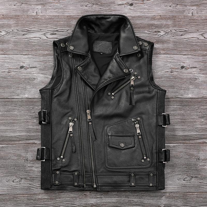 Chinese Size Biker Vest Top Layer Cowhide Leather Vest Men's Slim Short Motorcycle Clothing Riding Jacket Sleeveless Genuine Cow Club Vest