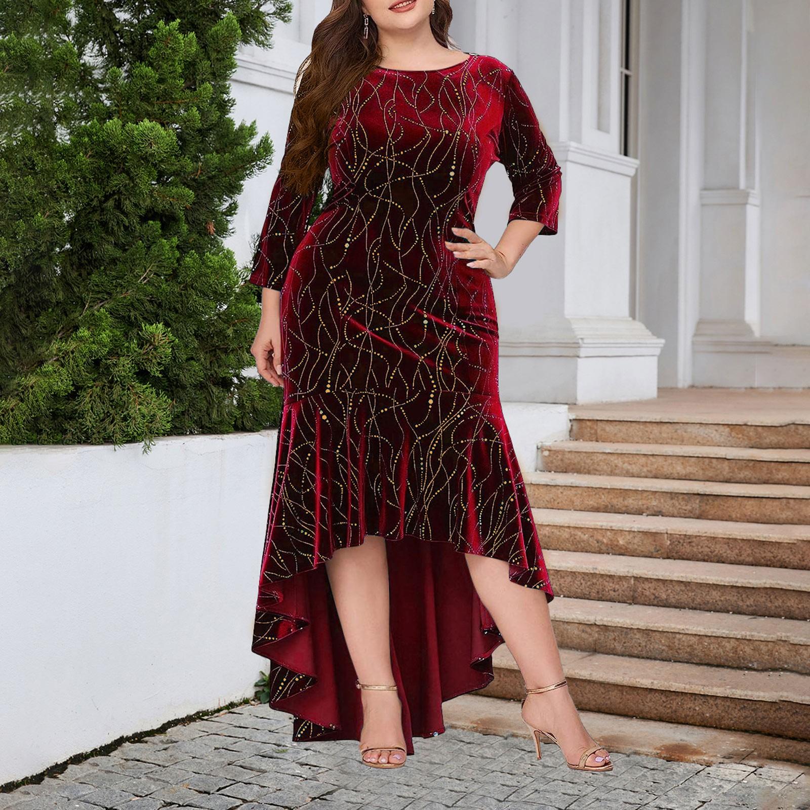 

Женская мода сплошной цвет круглый вырез плюс размер рукав 3/4 макси длинное бархатное платье XL красный