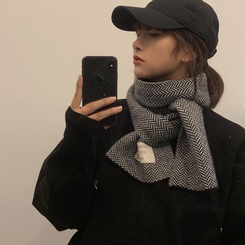 Herringbone Pattern Winter Korean Scarf for Women Cute Fashionable and Versatile Japanese Autumn New Style Knitted Woolen Scarf Trendy and Warm