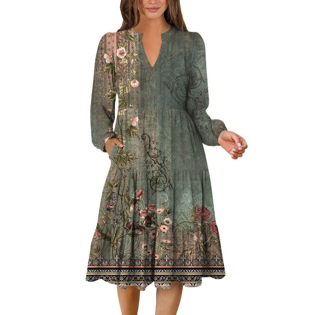 Women's V-Neck Flowing Layered Bohemian Long Sleeve Floral Print Dress