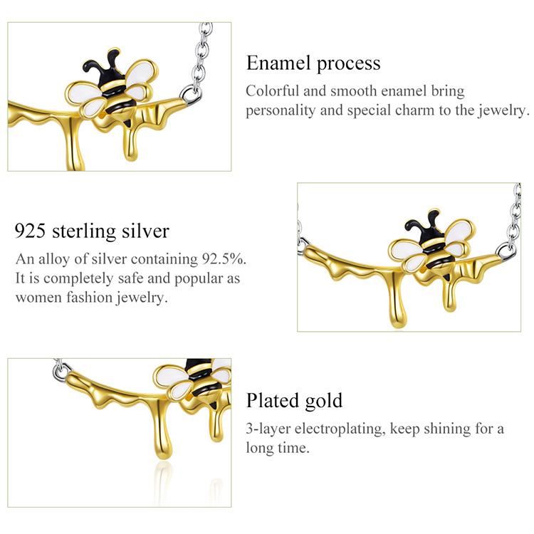 Bamoer 925 Sterling Silver Enamel Bumblebee and Sweet Honey Shiny Necklace and Earring Studs for Women Fashion Jewelry Set