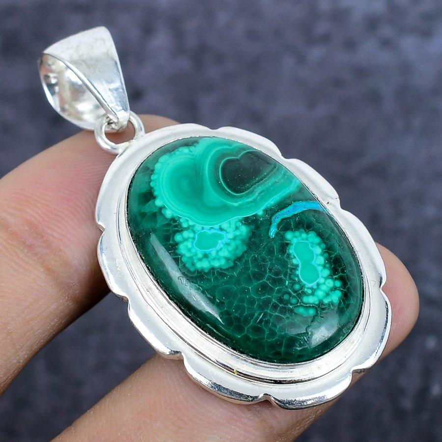 Natural Malachite Gemstone 925 Sterling Silver Jewelry Pendant 2.05" P4u90