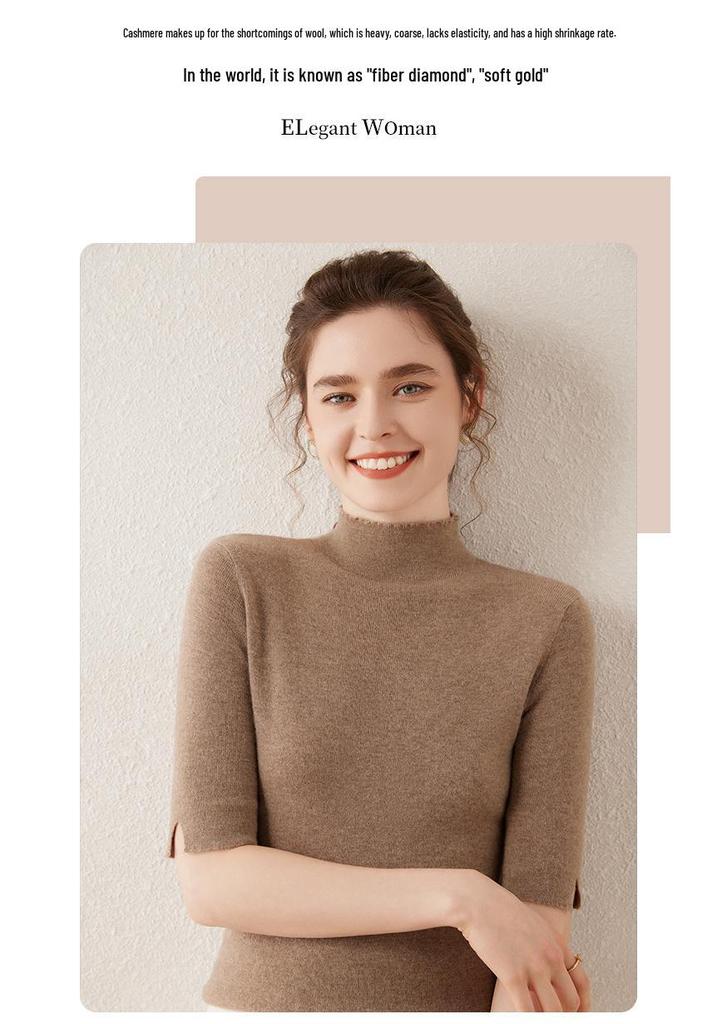 Women's Half-High Collar Cashmere Sweater - Slim Fit, Five-Point Sleeves, Spring/Autumn 2024 Collection