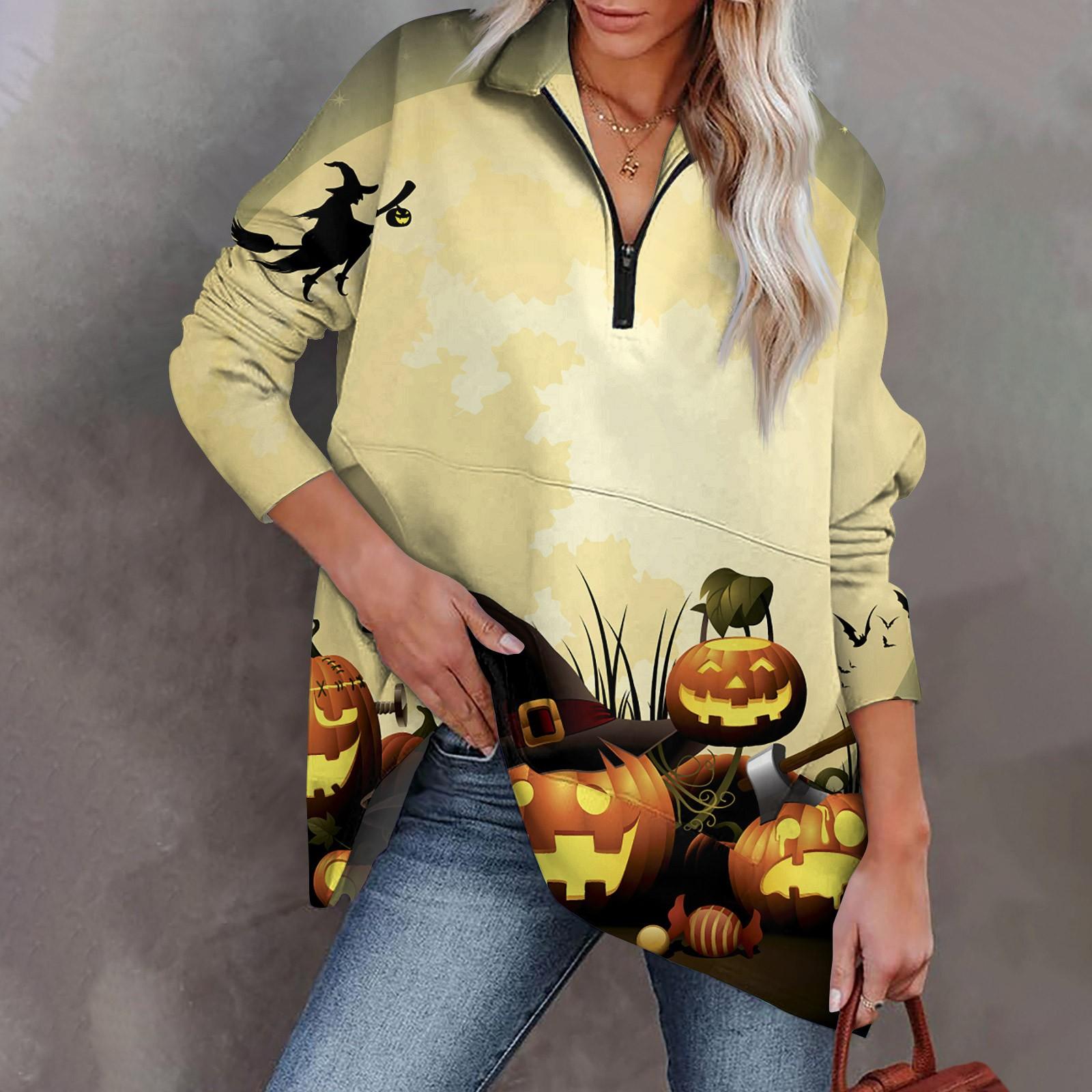

Женская повседневная спортивная рубашка оверсайз на половинной молнии, с длинными рукавами, принтом Хэллоуина и карманным пуловером, топ XXL жёлтый