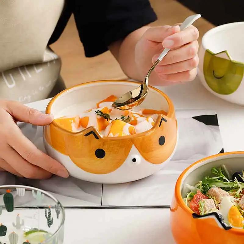 Hand Painted Fox Cat Dog Bowls Cute Animal Bowl for Salad Fruit Noodle Rice Soup Creative Underglaze Ceramic Children Tableware