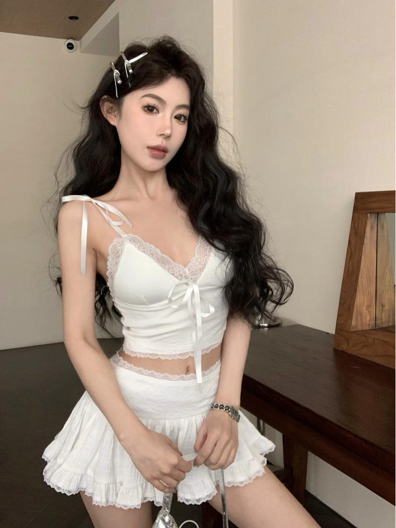 

Красный вискозный кружевной лоскутный топ на бретелях с завязками - Женский весенний стиль One Size белый