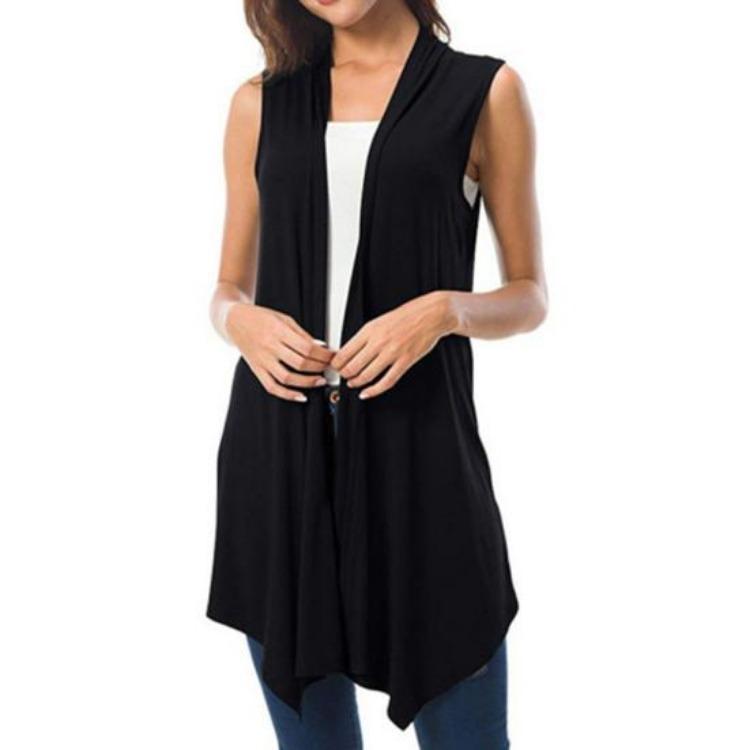 

Летний женский кардиган без рукавов, легкий жилет, однотонный, с открытой передней частью, драпированный, средней длины, с асимметричным подолом, жилет-пальто S чёрный