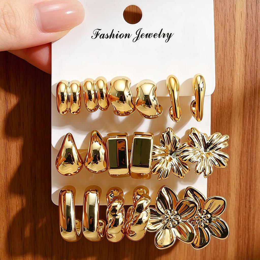 European and American Fashion C-shaped Twist and Water Drop Earrings, 3-Piece Geometric Set for Women.