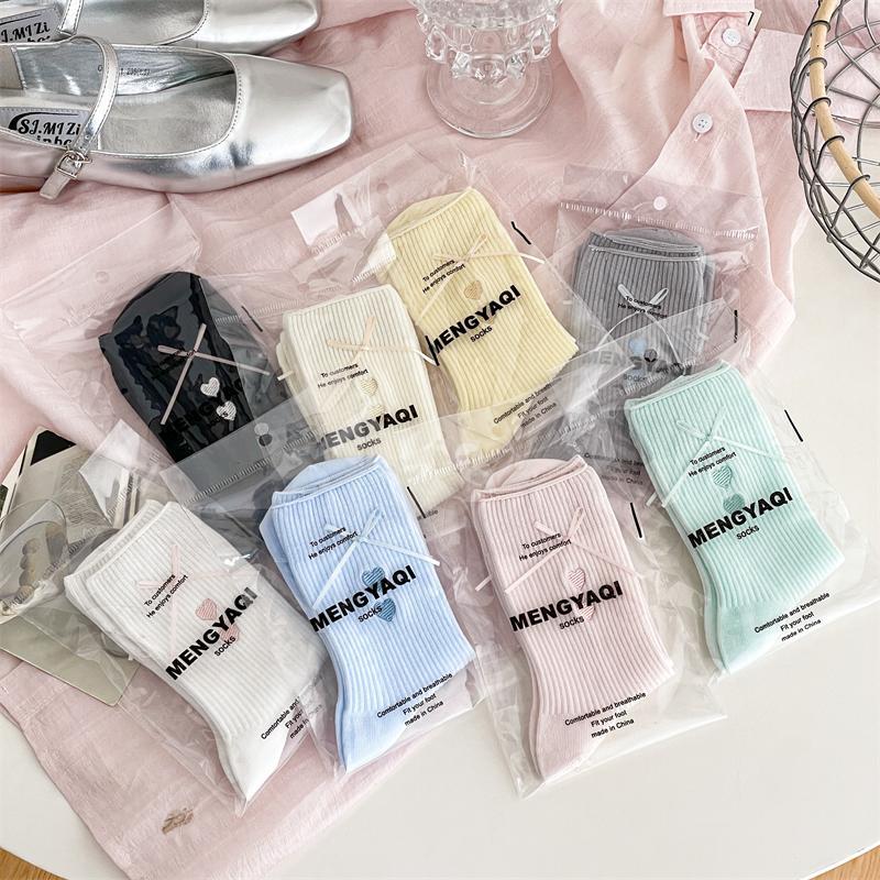 Lady Spring and Autumn Love Embroidered Bow Colored Tube Socks