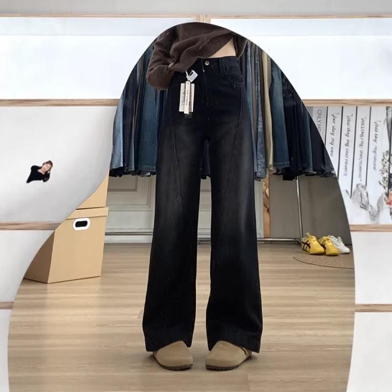 Tall and thin black and gray wide-leg jeans for women's autumn and winter, new design high-waisted straight pants