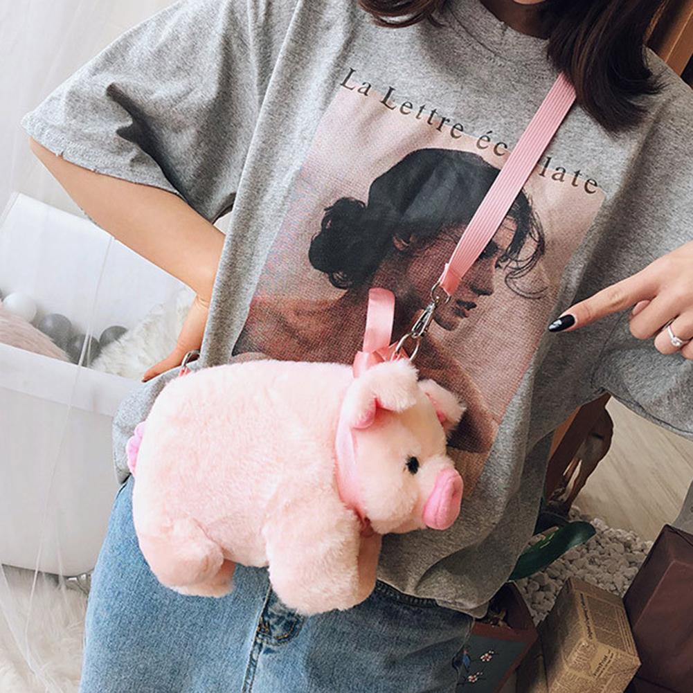 Cute Pink Pig Plush Crossbody Bag Soft Kawaii Animal Stuffed Coin Purse With Ribbon Zipper Messenger Satchel