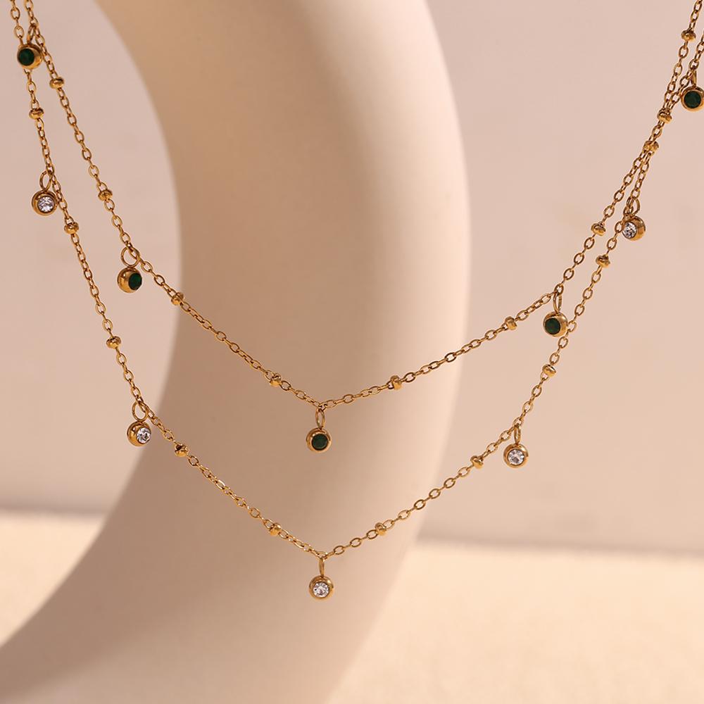 MamacitaSlay Elegant Clear Green Round Zircon Thin Chain Clavicle Necklace Stainless Steel Jewelry Women's Jewelry On The Neck