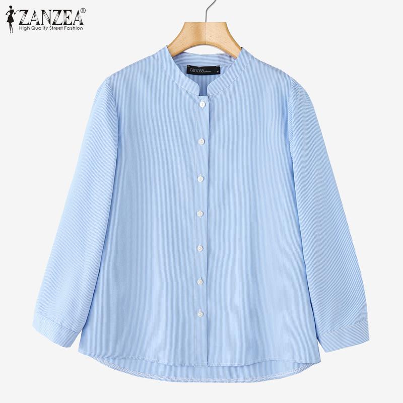 ZANZEA Womens Casual Stand Collar Loose 3/4 Sleeve Stripe Blouse