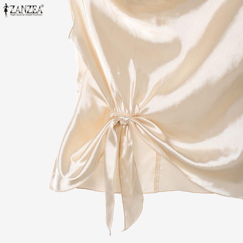 ZANZEA Women Elegant Round Neck Lace-Up Casual Short Sleeve Blouse