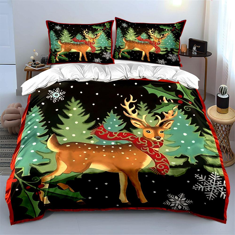 Christmas Deer with Red Scarf Bedding Duvet Cover Set Duvet Cover Pillowcases (1*Duvet Cover 2*Pillowcases, Without Duvet Insert)