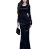 2025 Autumn/Winter Elegant Velvet Fishtail Dress with Pleated Swing Collar and Long Sleeves