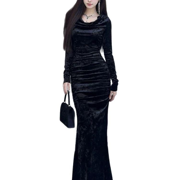 2025 Autumn/Winter Elegant Velvet Fishtail Dress with Pleated Swing Collar and Long Sleeves