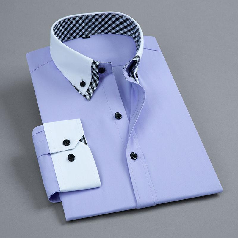 Camicia da Uomo a Manica Lunga Non Stiro Doppio Strato Formale da Lavoro Vestibilità Regolare Ufficio Camisa Moda Bianca Blu Camicie Sociali