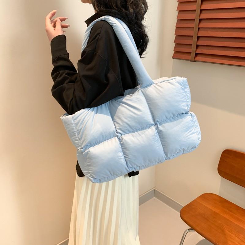 Womens Oversized Cotton Puffer Jacket Tote Bag In Pastel Colors Soft Square Shoulder Handbag With Zip Inner Pocket