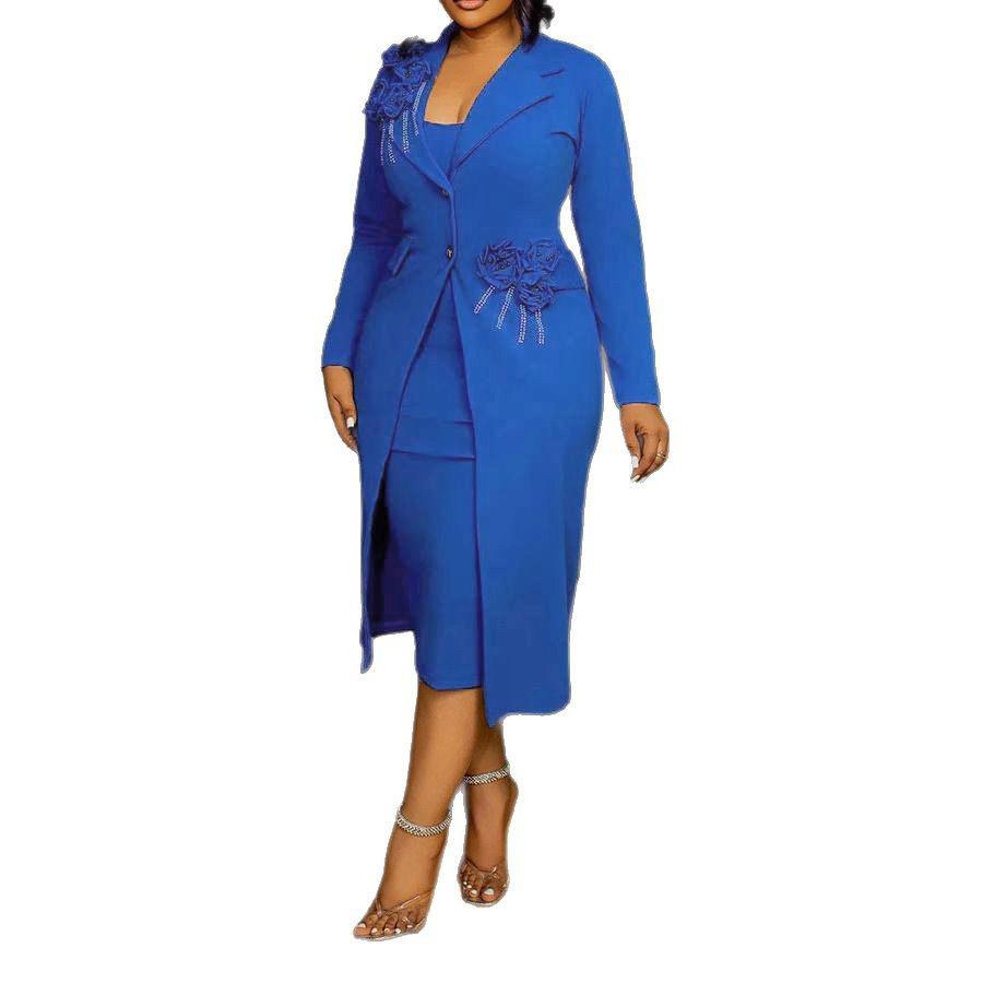 Long Blazer and Dress 2 Piece Set with 3D Floral and Crystal Decorations