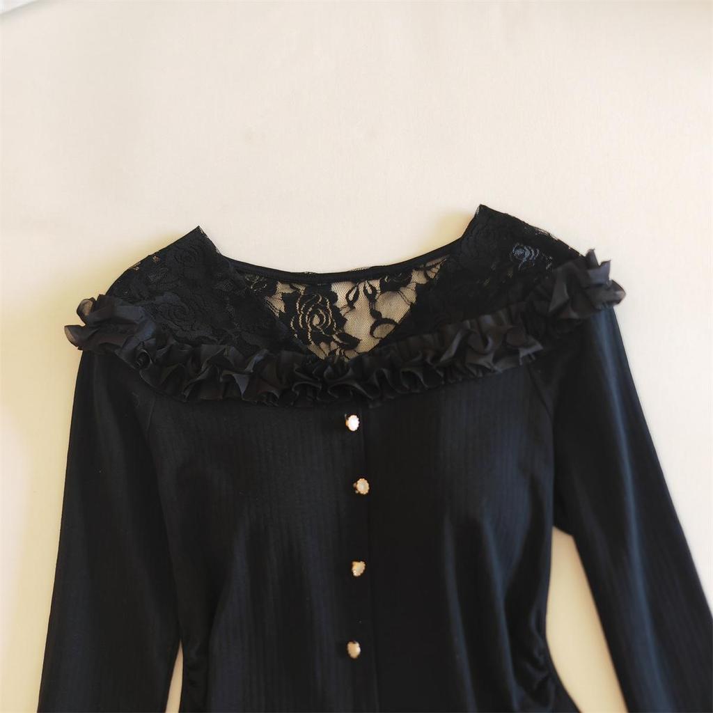 Dampyjamas med spetskant och bröstkuddar - Långärmad, Långa byxor för Vår, Höst, Vinter