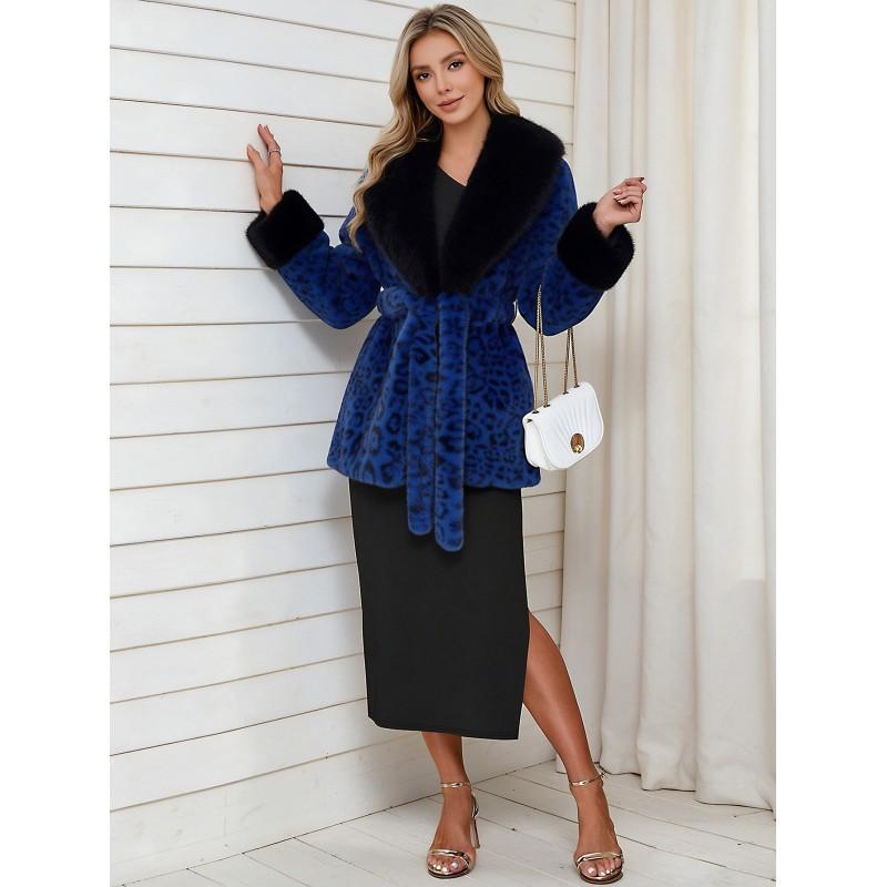 Womens Short Faux Fur Coat Leopard Print Belted Warm Leather Plush Outerwear