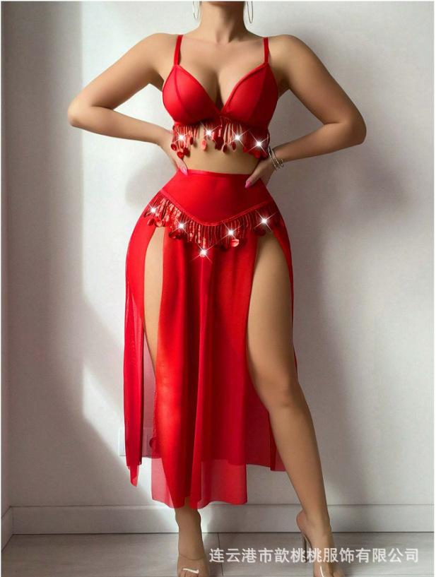 European and American Large-size Erotic Underwear Exotic Belly Dance Sexy Perspective Slit Skirt Thong