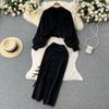 Podzimní a zimní pletený retro svetr s knoflíky na cívku + rozparková boková sukně do půl těla dvoudílný set